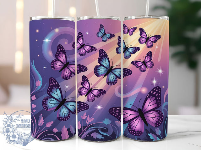 Purple Butterfly Floral Tumbler, Floral Art, Nature Theme, Elegant Design, Vibrant Pattern, 20Oz Tumbler, Sublimation Wrap Sublimation ToriDesigns 