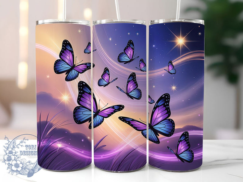 Purple Butterfly Floral Tumbler, Floral Art, Nature Theme, Elegant Design, Vibrant Pattern, 20Oz Tumbler, Sublimation Wrap Sublimation ToriDesigns 
