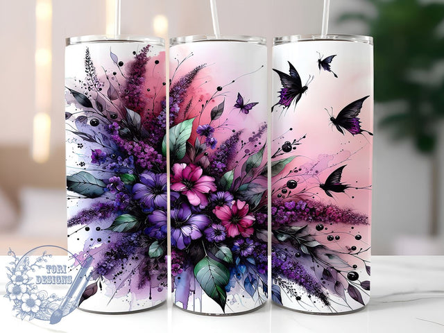 Purple Butterfly Flowers 20oz Skinny Tumbler, Butterfly Tumbler Png, Straight & Tapered Tumbler Wrap, Instant Digital Download Sublimation ToriDesigns 