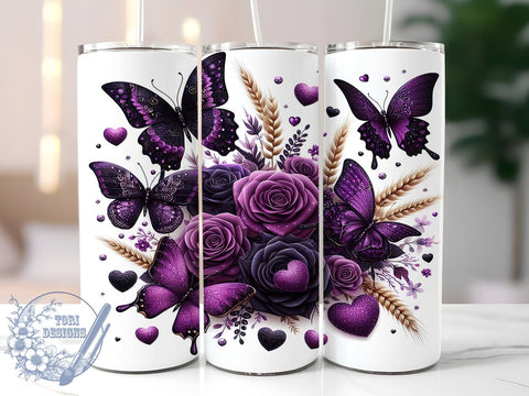 Purple Butterfly Flowers 20oz Skinny Tumbler, Purple Butterfly Tumbler Png, Straight & Tapered Tumbler Wrap, Instant Digital Download Sublimation ToriDesigns 