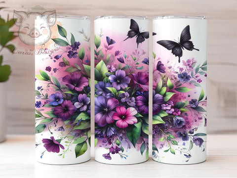 Purple Butterfly Flowers 20oz Tumbler Png, Straight & Tapered Tumbler Png, Butterfly Tumbler Png, Digital Download PNG Sublimation Lara' s Designs 