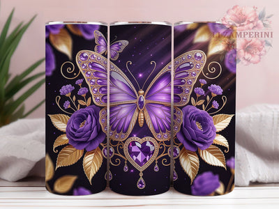Purple Butterfly Gem Roses 20oz Tumbler, Gem Floral, Deep Purple Roses, Violet Wildflowers, Golden Leaves, 20oz Tumbler Wrap, Sublimation PNG Sublimation Li Zamperini 