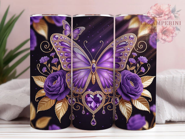 Purple Butterfly Gem Roses 20oz Tumbler, Gem Floral, Deep Purple Roses, Violet Wildflowers, Golden Leaves, 20oz Tumbler Wrap, Sublimation PNG Sublimation Li Zamperini 