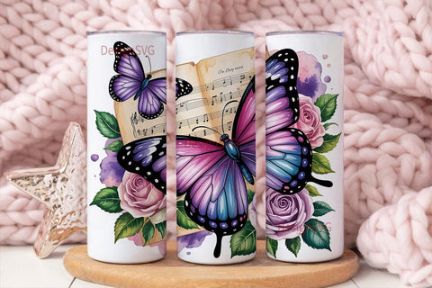 Purple Butterfly Rose Music Tumbler Wrap Sublimation DesignSVG 