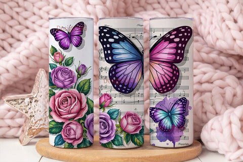 Purple Butterfly Rose Music Tumbler Wrap Sublimation DesignSVG 