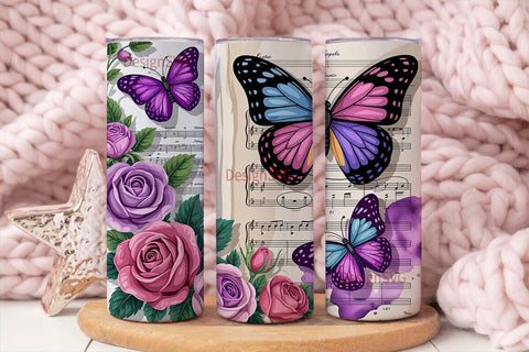 Purple Butterfly Rose Music Tumbler Wrap Sublimation DesignSVG 