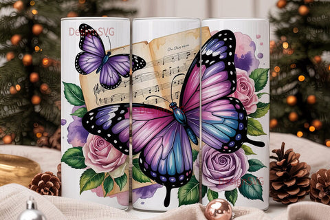 Purple Butterfly Rose Music Tumbler Wrap Sublimation DesignSVG 