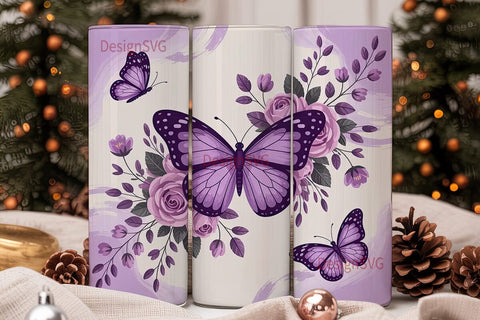 Purple Butterfly & Roses 20oz Tumbler Sublimation DesignSVG 