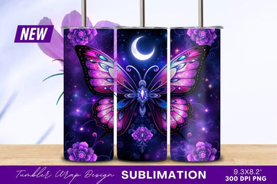 Purple Butterfly With Moon And Flowers Tumbler Png Sublimation Regulrcrative 