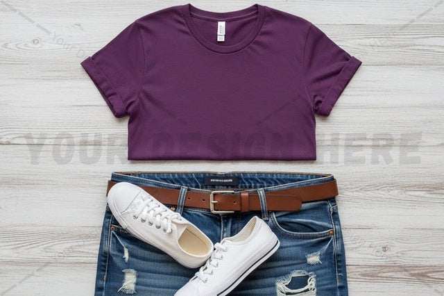Purple crop t-shirt with distressed jeans and white sneakers Mock Up Photo Regulrcrative 