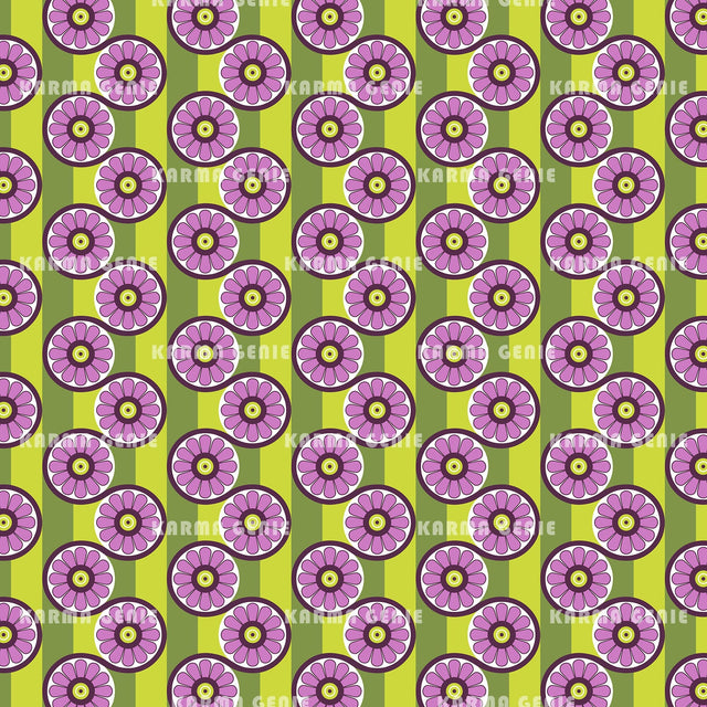 Purple Daisy Flowers Green Striped Retro Pattern Digital Paper Digital Pattern Karma Genie Graphics 