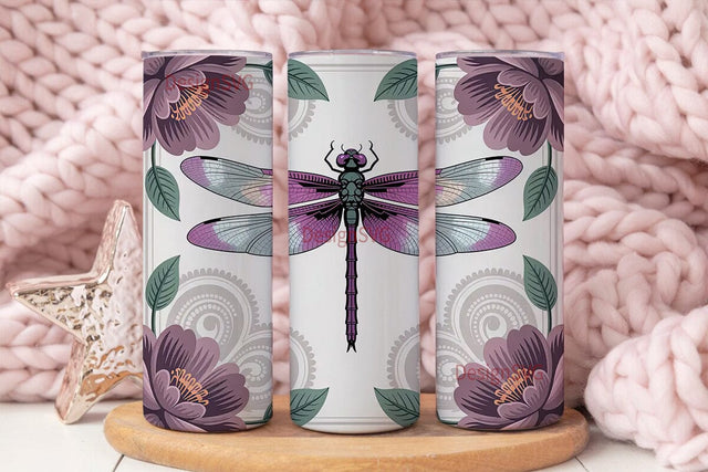 Purple Dragonfly Floral Tumbler Wrap Sublimation DesignSVG 