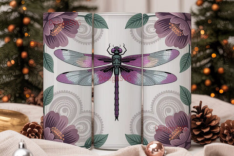 Purple Dragonfly Floral Tumbler Wrap Sublimation DesignSVG 