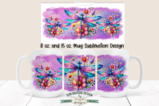 Purple Dragonfly Mug Design - 11 oz. & 15 oz. Mug Sublimation Wrap PNG Sublimation Ewe-N-Me Designs 