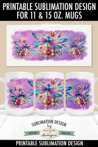 Purple Dragonfly Mug Design - 11 oz. & 15 oz. Mug Sublimation Wrap PNG Sublimation Ewe-N-Me Designs 