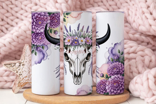 Purple Floral Bull Skull 20oz Tumbler Sublimation DesignSVG 