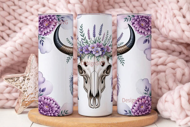 Purple Floral Bull Skull 20oz Tumbler Sublimation DesignSVG 