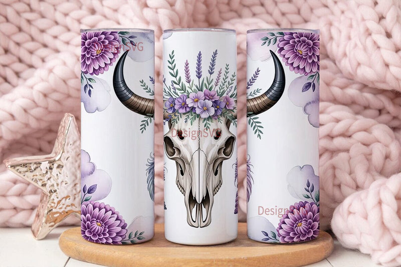 Purple Floral Bull Skull 20oz Tumbler Sublimation DesignSVG 