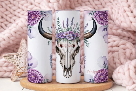 Purple Floral Bull Skull 20oz Tumbler Sublimation DesignSVG 