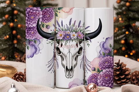 Purple Floral Bull Skull 20oz Tumbler Sublimation DesignSVG 