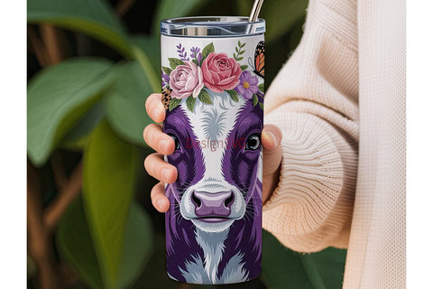 Purple Floral Cow 20oz Tumbler Wrap Sublimation DesignSVG 