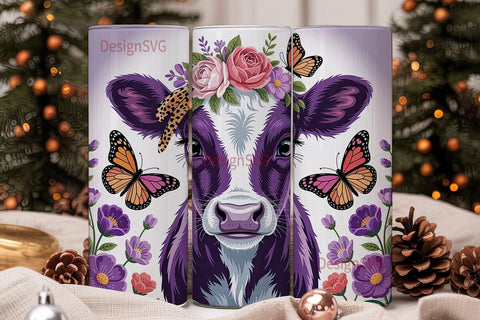 Purple Floral Cow 20oz Tumbler Wrap Sublimation DesignSVG 