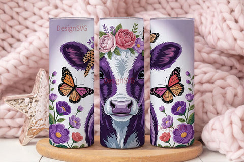 Purple Floral Cow 20oz Tumbler Wrap Sublimation DesignSVG 