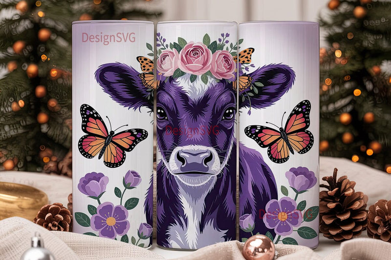 Purple Floral Cow 20oz Tumbler Wrap Sublimation DesignSVG 