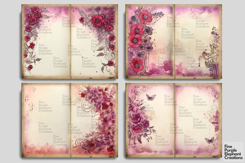 Purple Floral Flower Border Digital Junk Journal Double Pages Digital Pattern Fine Purple Elephant Creations 