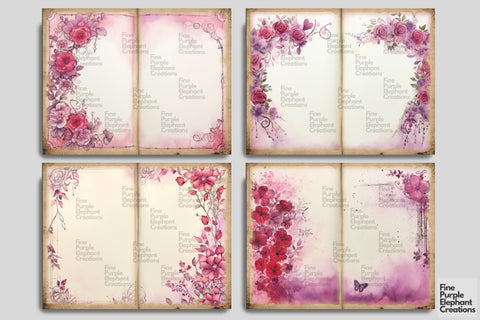 Purple Floral Flower Border Digital Junk Journal Double Pages Digital Pattern Fine Purple Elephant Creations 