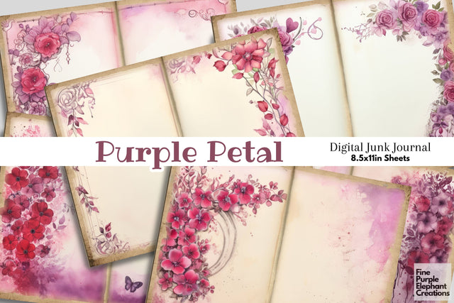 Purple Floral Flower Border Digital Junk Journal Double Pages Digital Pattern Fine Purple Elephant Creations 