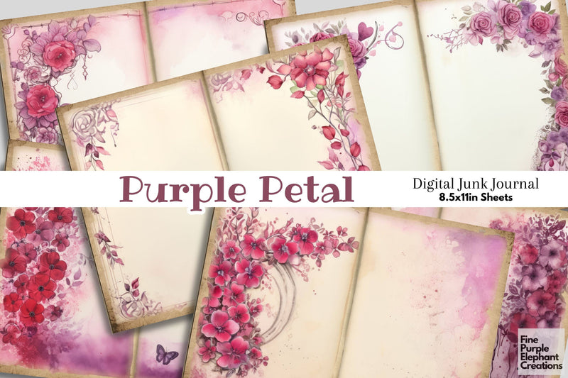 Purple Floral Flower Border Digital Junk Journal Double Pages Digital Pattern Fine Purple Elephant Creations 