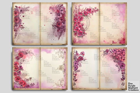 Purple Floral Flower Border Digital Junk Journal Double Pages Digital Pattern Fine Purple Elephant Creations 