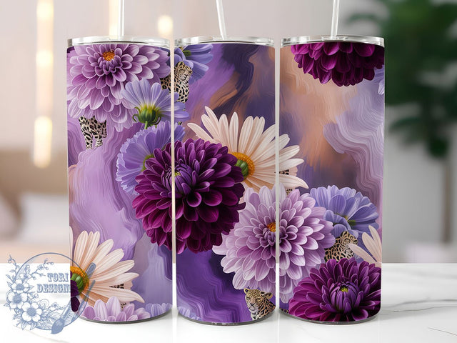 Purple Floral Leopard Tumbler, Leopard Print, Watercolor Flowers, Seamless Design, Chic Aesthetic, Bold Stylish Wrap, Feminine Rustic Charm, 20Oz Tumbler, Sublimation Sublimation ToriDesigns 