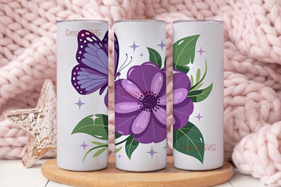 Purple Flower & Butterfly 20oz Tumbler Sublimation DesignSVG 