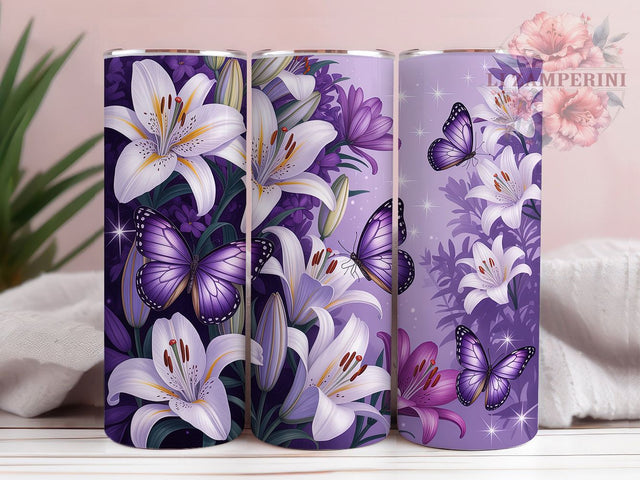 Purple Flowers Butterfly Nature 20oz Tumbler, Purple Lilies, Butterfly Design, Floral Seamless, Elegant Nature, 20oz Tumbler Wrap, Sublimation PNG Sublimation Li Zamperini 