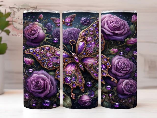 Purple Gem Bling Butterfly Tumbler, Purple Gem Tumbler, Sparkle Butterfly Wrap, Jeweled Floral Wrap, Vibrant Butterfly Wrap, Sublimation Design, Trendy Gift Idea Sublimation Lara' s Designs 