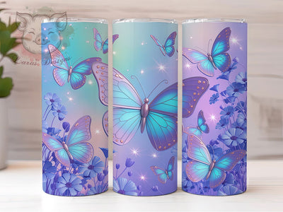 Purple Glitter Blue Butterfly 20oz Tumbler, Purple Glitter Cup Wrap, Butterfly Floral Design, Sublimation Tumbler Wrap, 20Oz Tumbler Design, Sparkling Floral Cup, Elegant Butterfly Glitter Wrap Sublimation Lara' s Designs 
