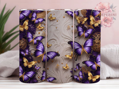 Purple Gold Butterflies 20oz Tumbler, Purple Butterflies, Gold Accents, Butterfly Motif, Elegant Style, Whimsical Charm, Skinny Tumbler, Sublimation PNG Sublimation Li Zamperini 