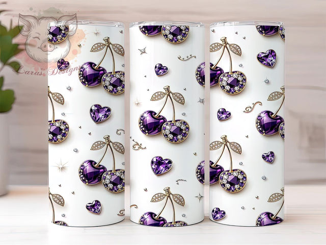 Purple Gold Crystal Cherries 20oz Tumbler, Purple Gold, Crystal Design, Cherry Motif, Sublimation Wrap, 20oz Tumbler, Glam Aesthetic, Elegant Charm Sublimation Lara' s Designs 