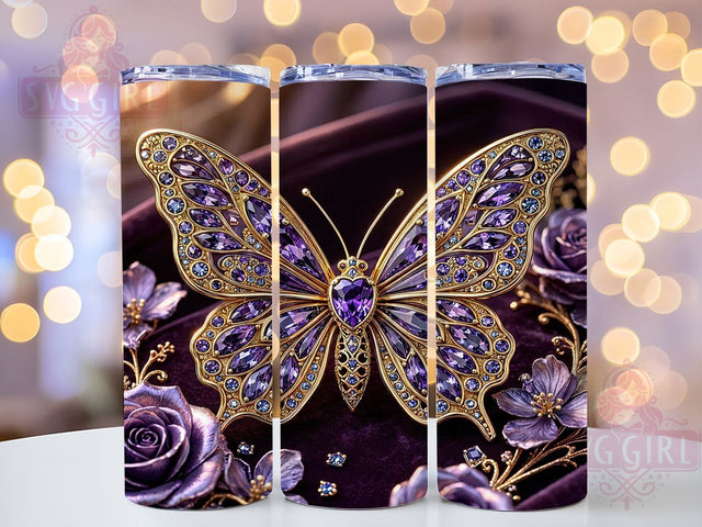 Purple Gold Gemstone Butterfly 20oz Tumbler, Purple Gemstone, Gold Accent, Butterfly Design, Sublimation Wrap, 20oz Tumbler, Elegant Aesthetic, Sparkling Charm Sublimation SvggirlplusArt 