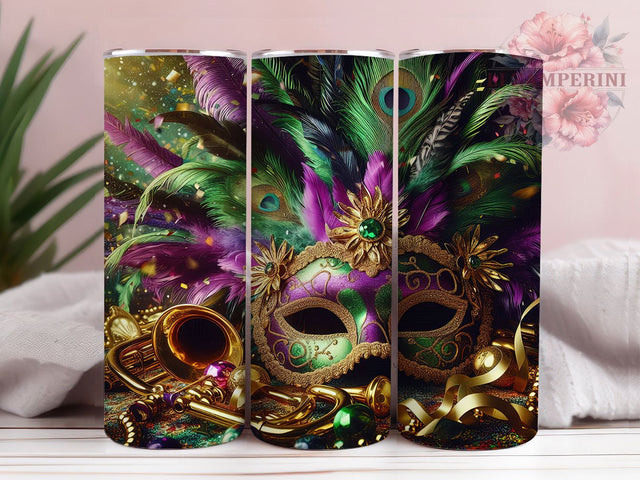 Purple Green Gold Mardi Gras Tumbler, Purple Green Gold Wrap, Carnival Celebration Cup, 20oz Sublimation Wrap, Festive Beads and Mask Tumbler, New Orleans Mardi Gras Cup, Colorful Carnival Wrap Sublimation Li Zamperini 