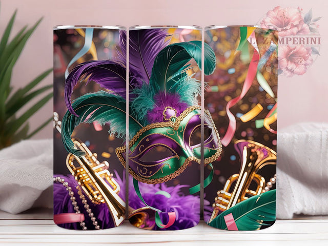 Purple Green Gold Mardi Gras Tumbler, Purple Green Gold Wrap, Carnival Celebration Cup, 20oz Sublimation Wrap, Festive Beads and Mask Tumbler, New Orleans Mardi Gras Cup, Colorful Carnival Wrap Sublimation Li Zamperini 