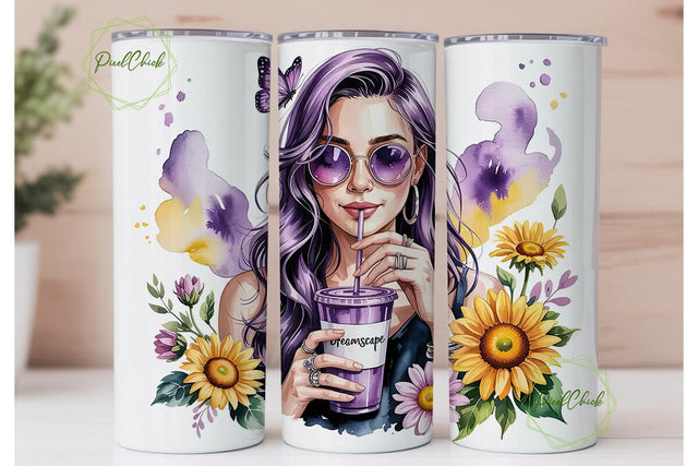 Purple-Haired Girl Tumbler Wrap Sublimation PixelChick 