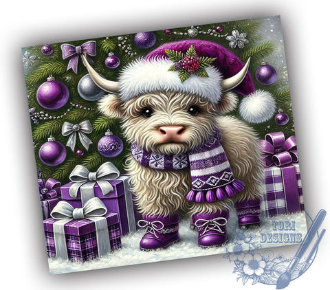 Purple Highland Cow Christmas Festive Winter Tumbler Wrap, 20oz Holiday Drinkware, Cute Cow Design, Festive Tumbler, Winter Cow Gifts, Highland Cow Sublimation Sublimation ToriDesigns 