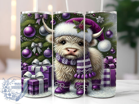 Purple Highland Cow Christmas Festive Winter Tumbler Wrap, 20oz Holiday Drinkware, Cute Cow Design, Festive Tumbler, Winter Cow Gifts, Highland Cow Sublimation Sublimation ToriDesigns 