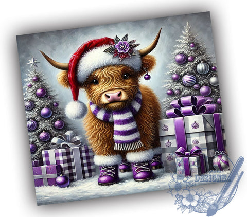 Purple Highland Cow Christmas Festive Winter Tumbler Wrap, 20oz Holiday Drinkware, Cute Cow Design, Festive Tumbler, Winter Cow Gifts, Highland Cow Sublimation Sublimation ToriDesigns 