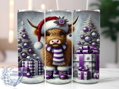 Purple Highland Cow Christmas Festive Winter Tumbler Wrap, 20oz Holiday Drinkware, Cute Cow Design, Festive Tumbler, Winter Cow Gifts, Highland Cow Sublimation Sublimation ToriDesigns 