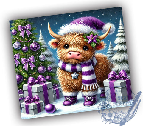 Purple Highland Cow Christmas Festive Winter Tumbler Wrap, 20oz Holiday Drinkware, Cute Cow Design, Festive Tumbler, Winter Cow Gifts, Highland Cow Sublimation Sublimation ToriDesigns 