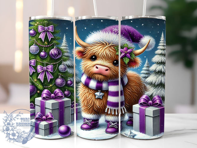 Purple Highland Cow Christmas Festive Winter Tumbler Wrap, 20oz Holiday Drinkware, Cute Cow Design, Festive Tumbler, Winter Cow Gifts, Highland Cow Sublimation Sublimation ToriDesigns 